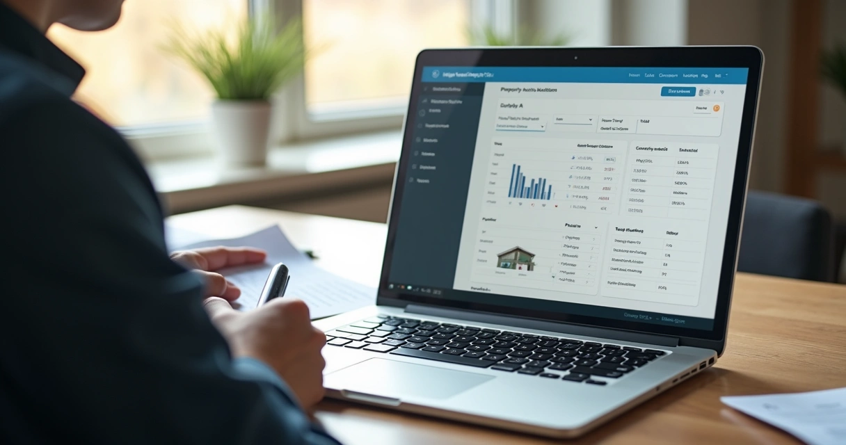 Usuário consulta plataforma digital de leilão de imóveis em notebook