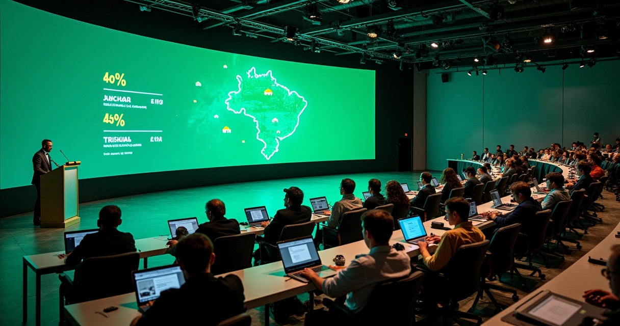 Audiência de leilão de imóveis em Mato Grosso exibida em telão digital com mapa do estado 
