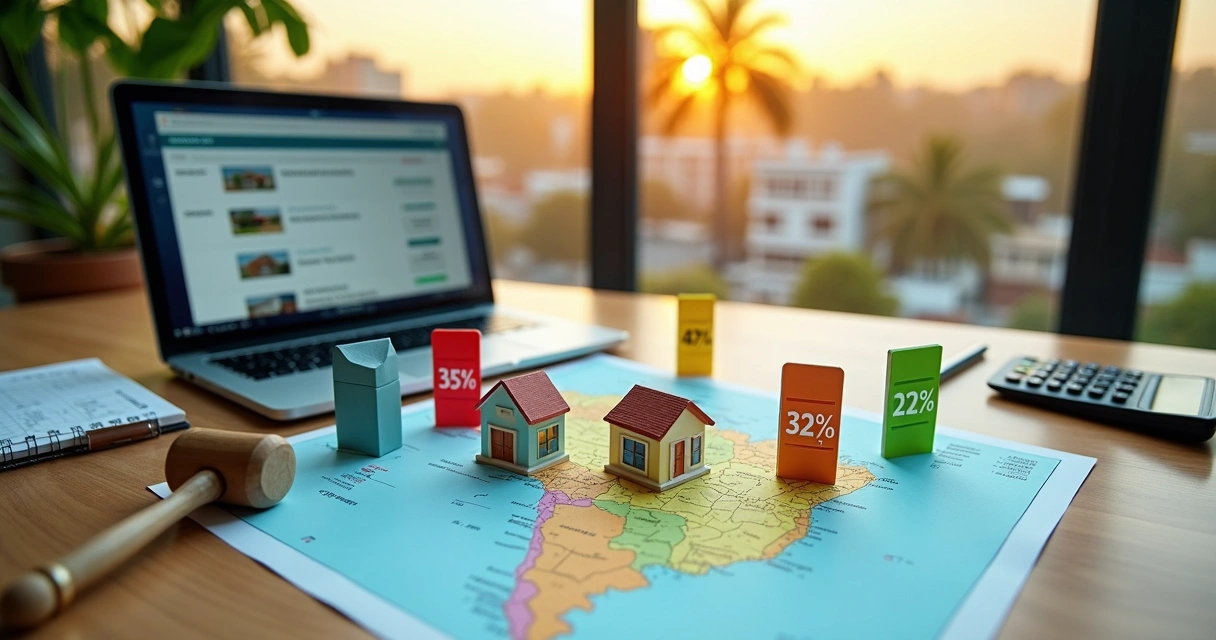 Mapa do Pará com maquete de imóveis e etiquetas de desconto 