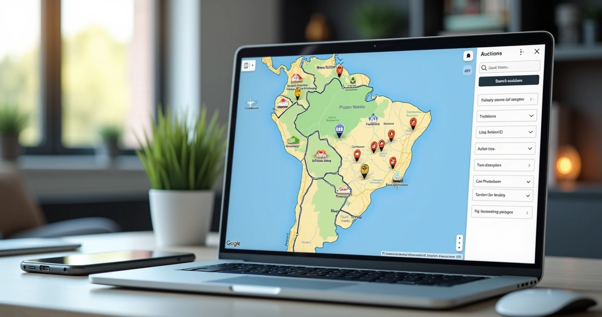 Mapa digital colorido mostrando localização de leilões de imóveis no Rio de Janeiro com ícones de casas e veículos 
