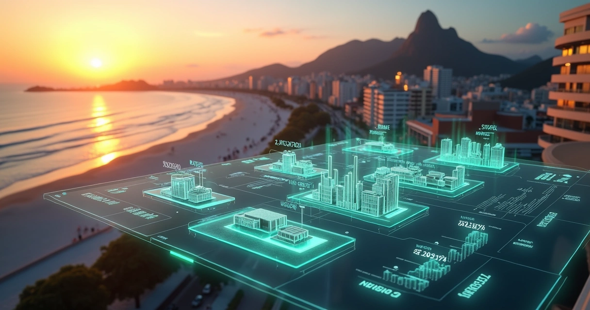 Painel digital com imóveis em leilão no RJ sobre fundo da praia de Copacabana 