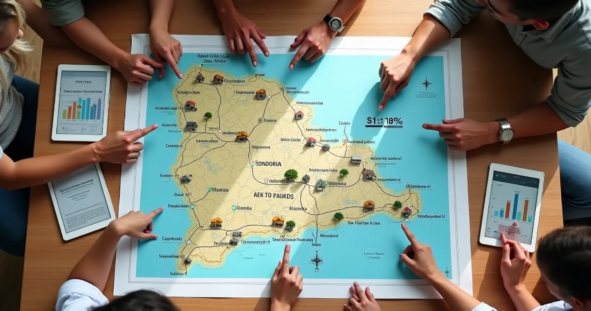 Pessoas analisando mapa de Rondônia com cidades em destaque e ícones de imóveis marcados