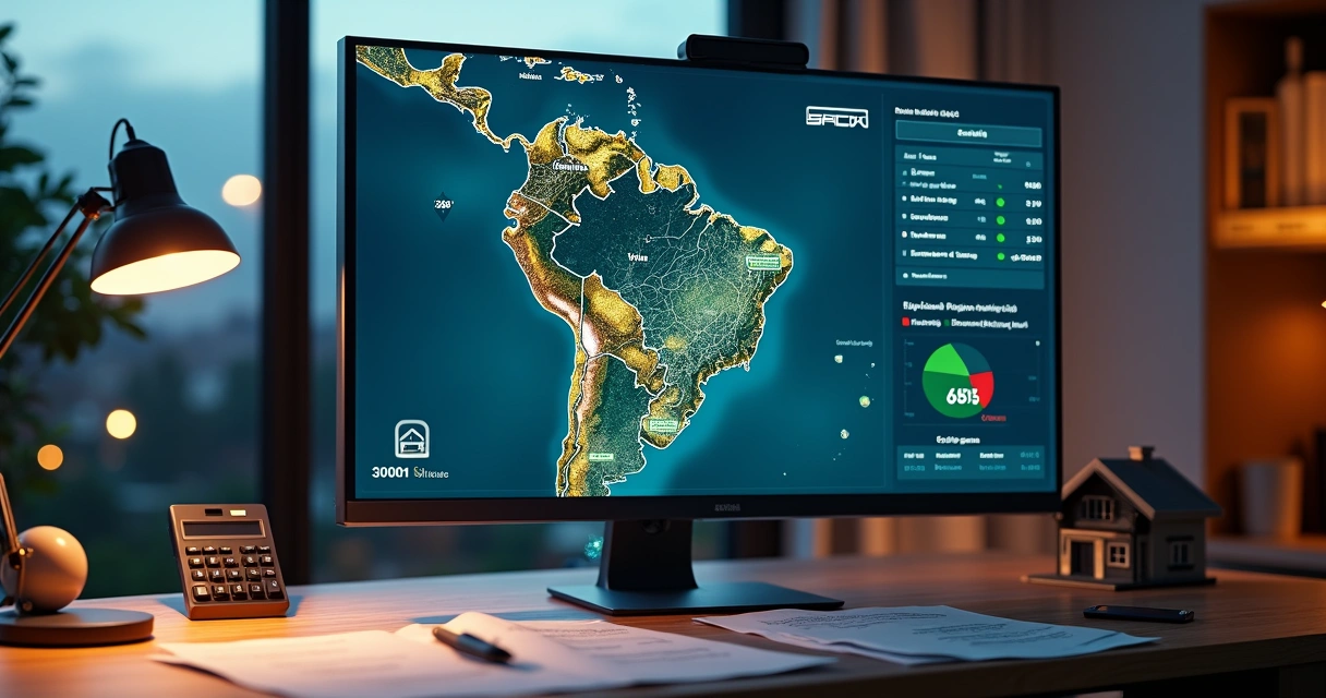 Mapa de Roraima em tela digital com ícones de casas em leilão destacados 