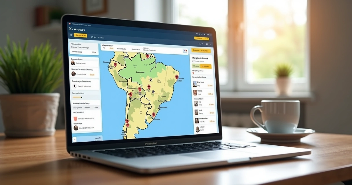 Computador mostrando plataforma de leilões de imóveis com mapa de Santa Catarina e filtros avançados na tela 