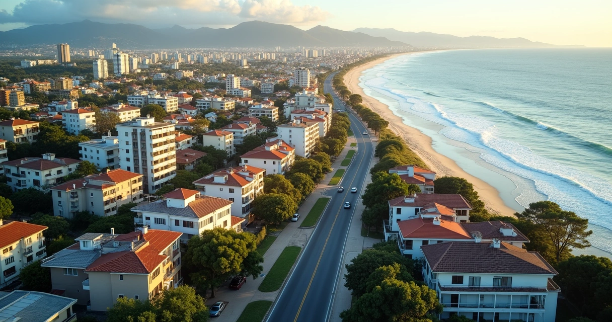 Vista aérea de cidade litorânea em Santa Catarina com ícones digitais sobre imóveis à venda 