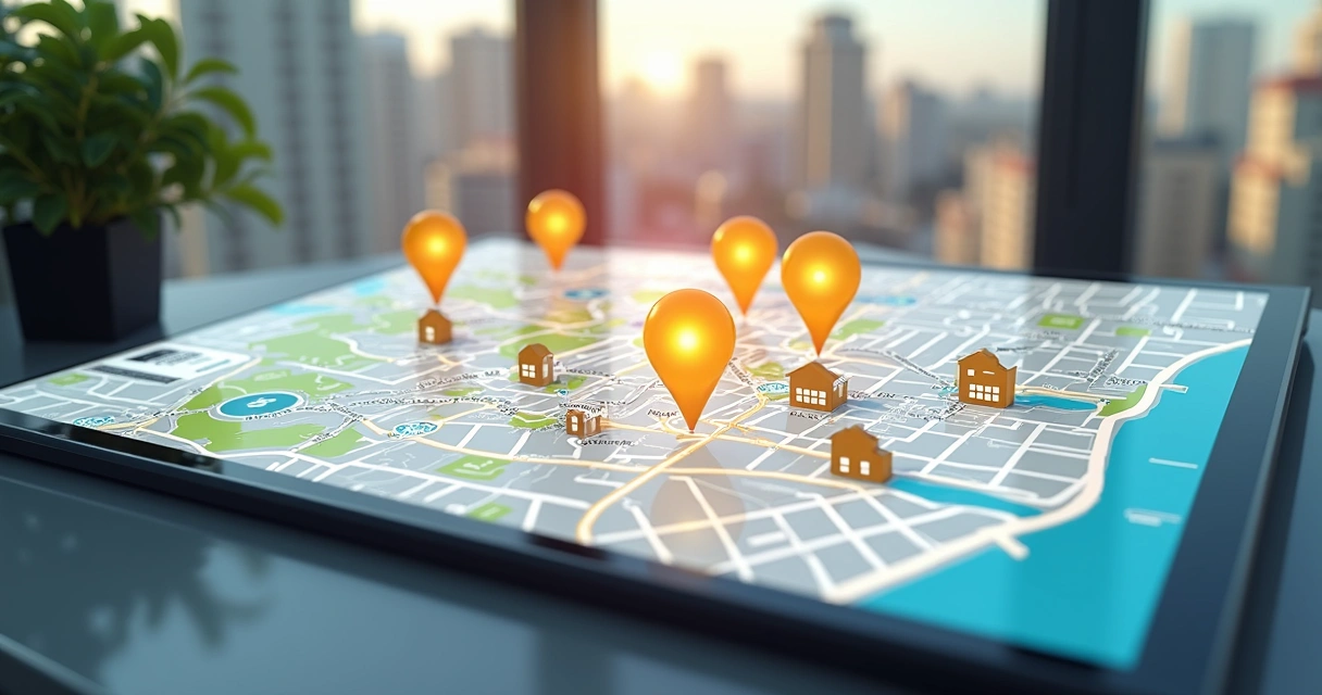 Mapa digital interativo mostrando imóveis disponíveis para leilão em São Paulo com indicadores de localização e ícones de casas e carros 