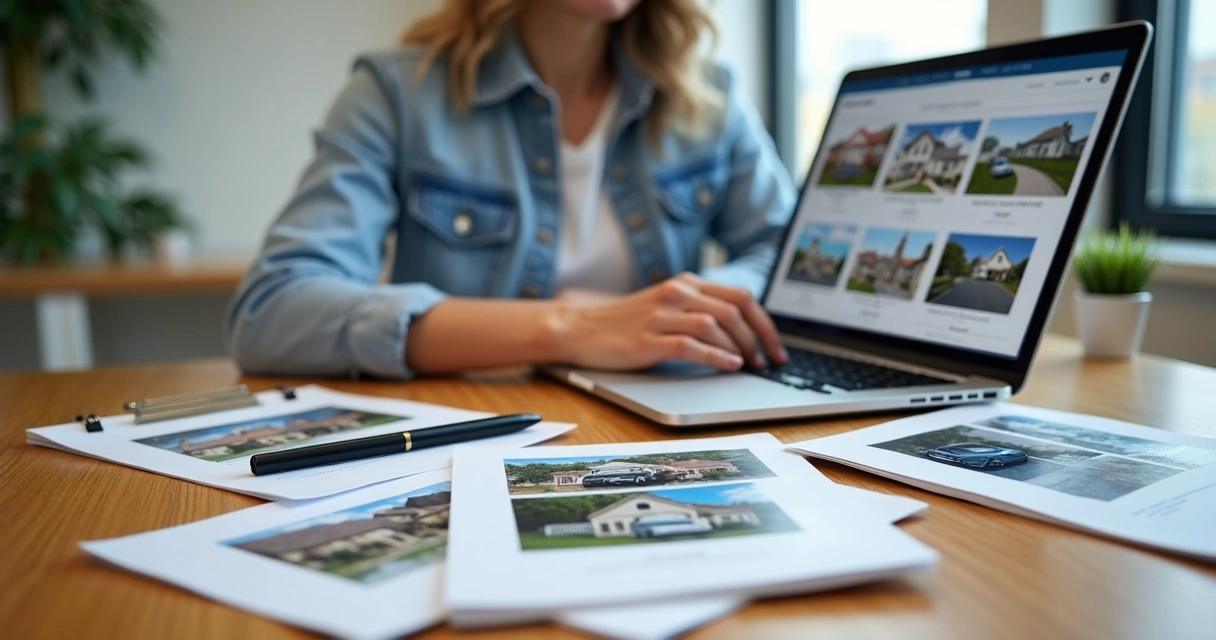 Pessoa analisando imóveis e veículos listados em leilão online 