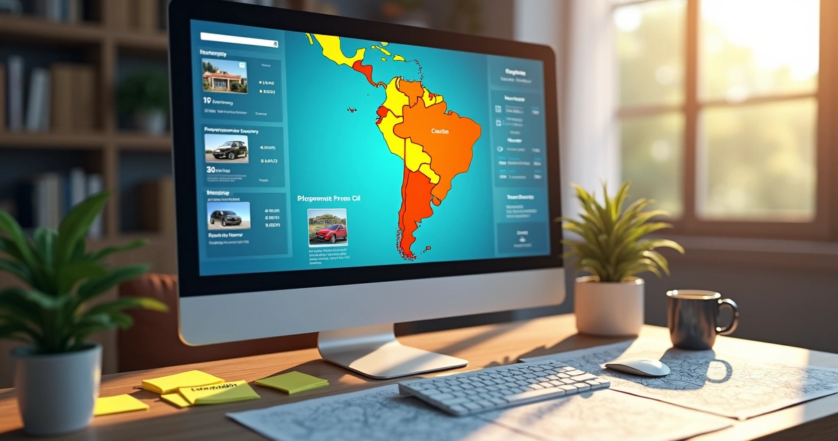 Mapa com lotes de leilão e filtros na tela de computador 