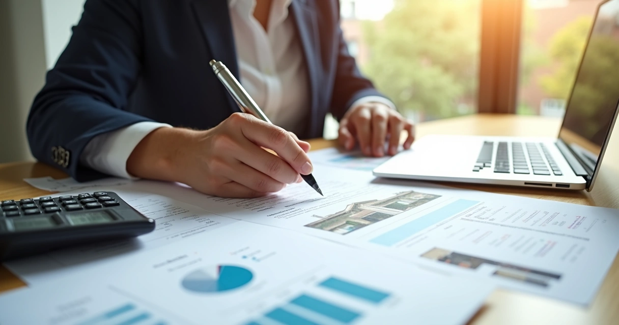 Pessoa analisando edital de leilão de imóvel em mesa com calculadora