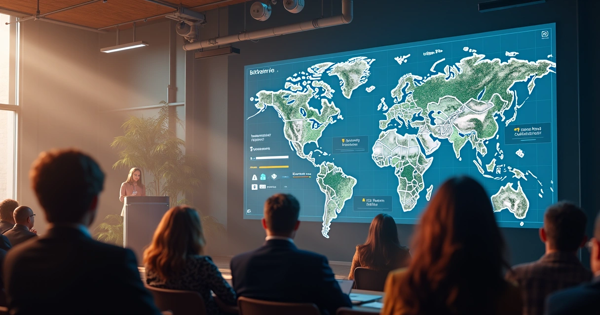 Sala de leilão com pessoas e mapas, destaque para documentos e símbolos de processos judiciais. 