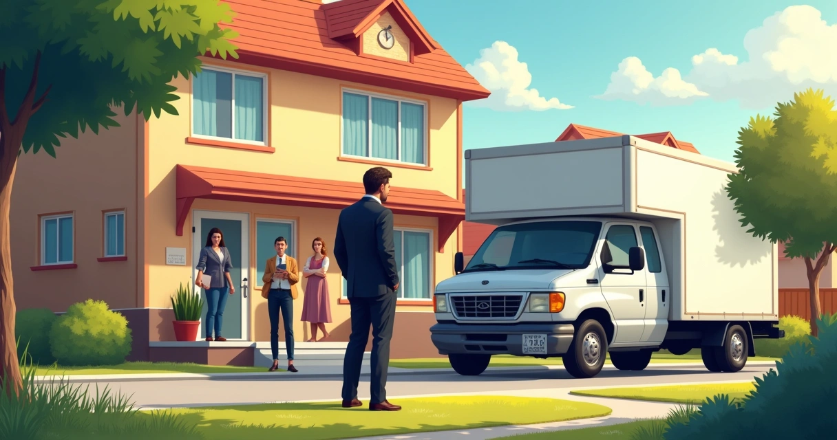 Ilustração de um oficial de justiça ao lado de um imóvel, com pessoas saindo e caminhão de mudança na frente