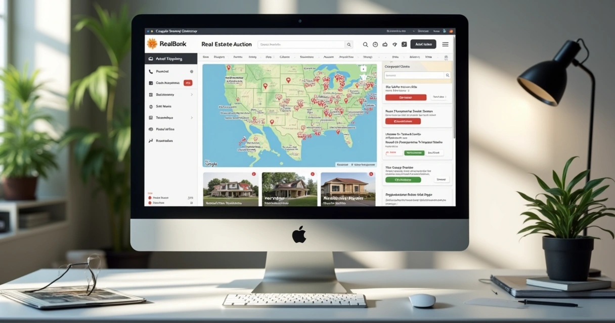 Tela de computador mostra site de leilão online de imóveis com mapas e filtros
