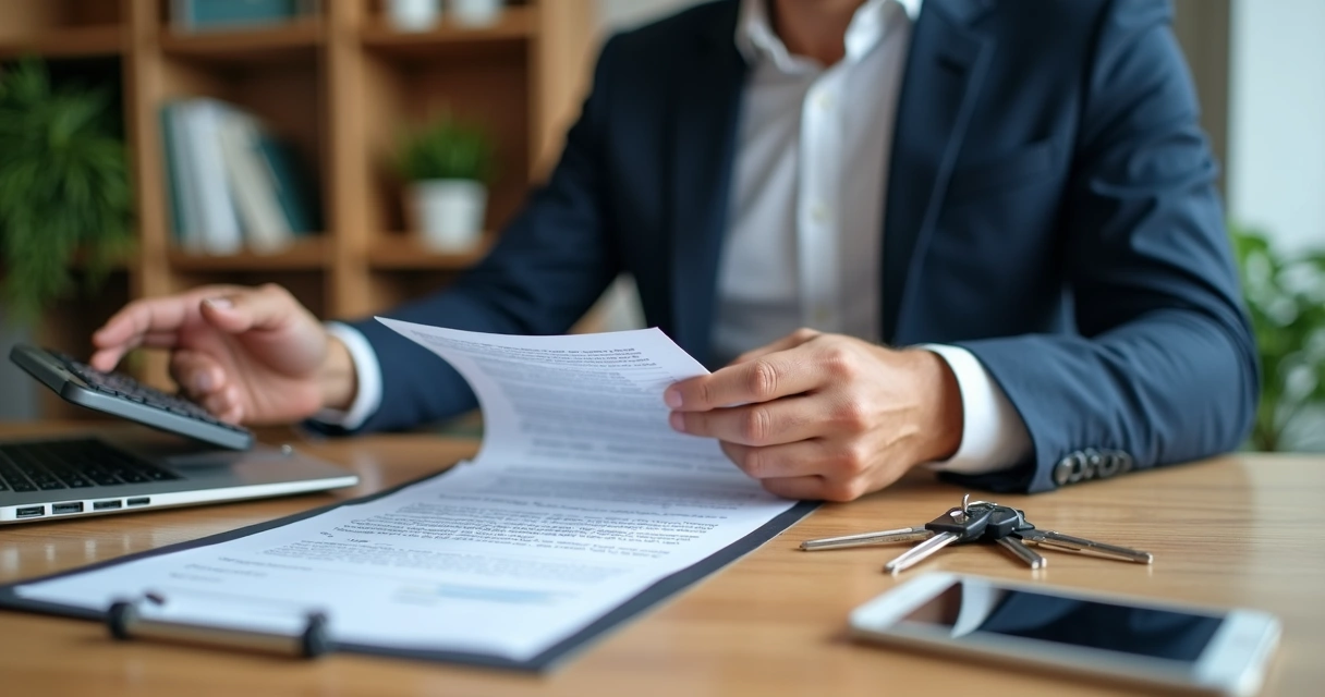 Homem analisando contrato e calculadora em mesa com ficha de imóvel e chave.