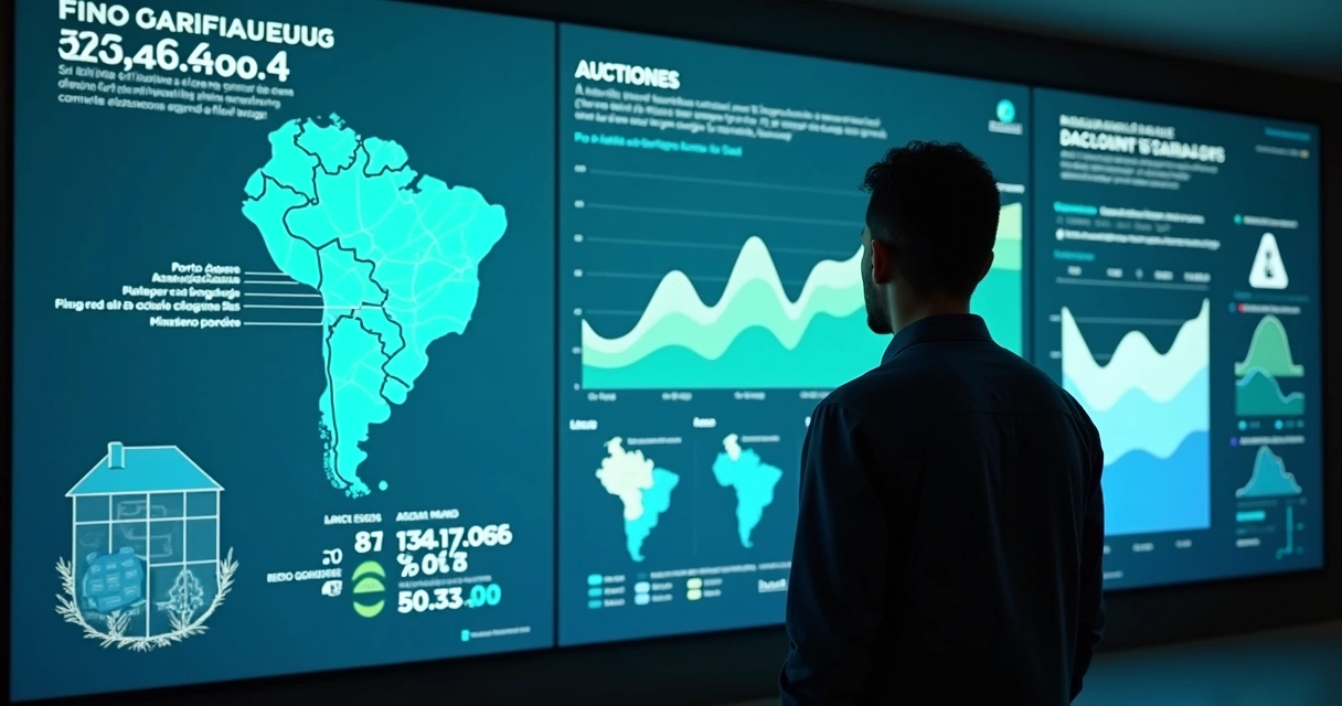 Pessoa analisando painel com gráficos do mercado imobiliário do RS ao lado de mapas e tela de computador 