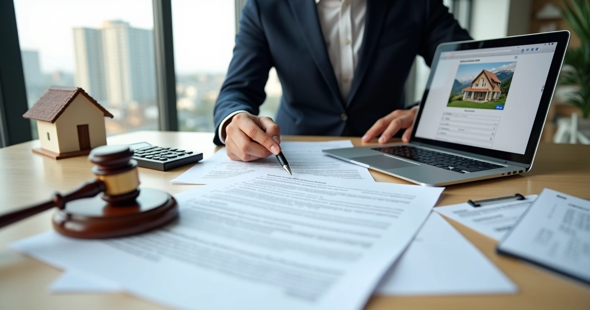 Pessoa analisando edital e documentos de imóvel em leilão com martelo e casa ao fundo 