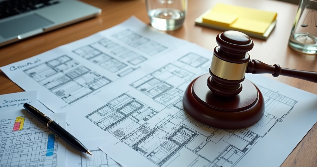 Martelo de leilão sobre planta de imóvel com documentos jurídicos ao redor 