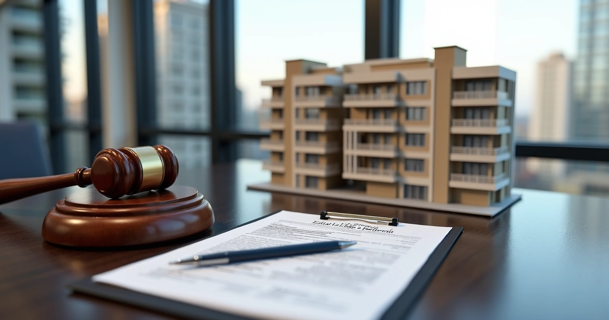 Mesa com martelo de leilão, miniatura de prédio e edital de imóvel judicial 