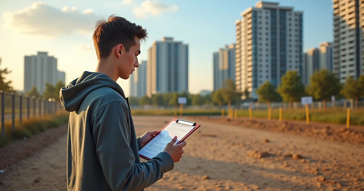 Pessoa analisando terreno urbano vazio em leilão com prédios ao fundo 