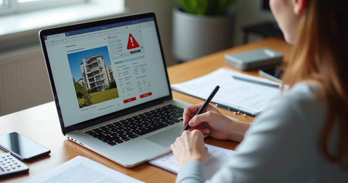 Pessoa analisando leilão de imóvel online com alerta de risco na tela 