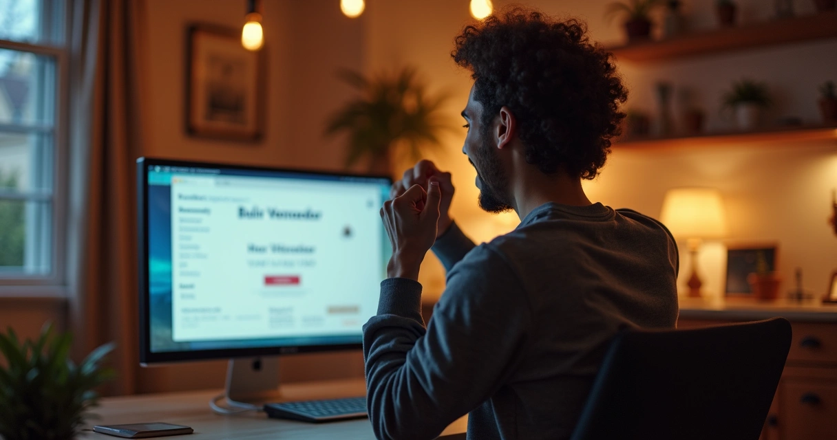 Pessoa comemorando o lance vencedor em leilão de imóveis online 