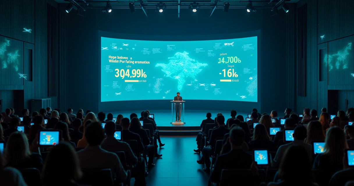 Leilão digital de passagens aéreas em palco com lances e aviões ao fundo 