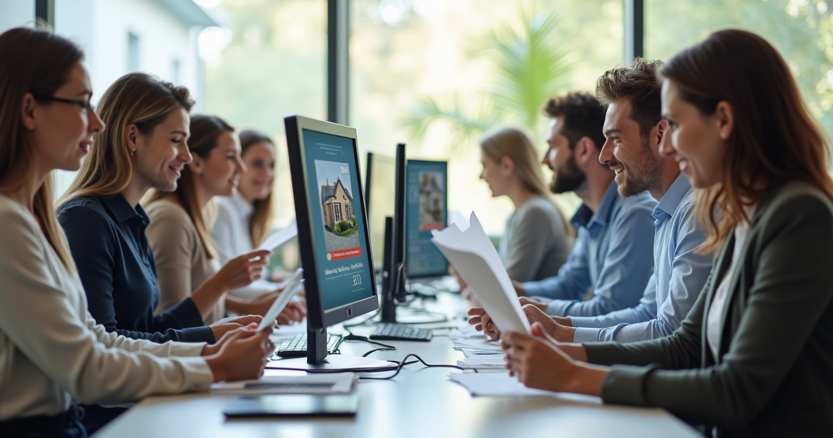 Pessoas participando de leilão digital de imóveis com computadores e papéis.