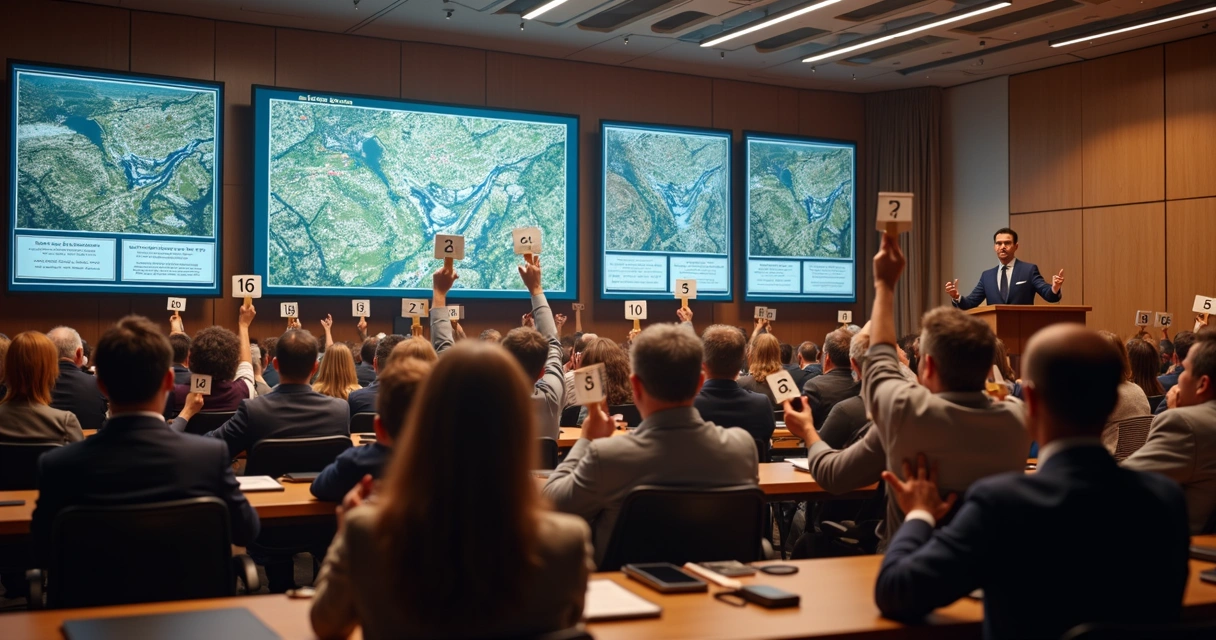 Leiloeiro mostrando placa para compradores em auditório 