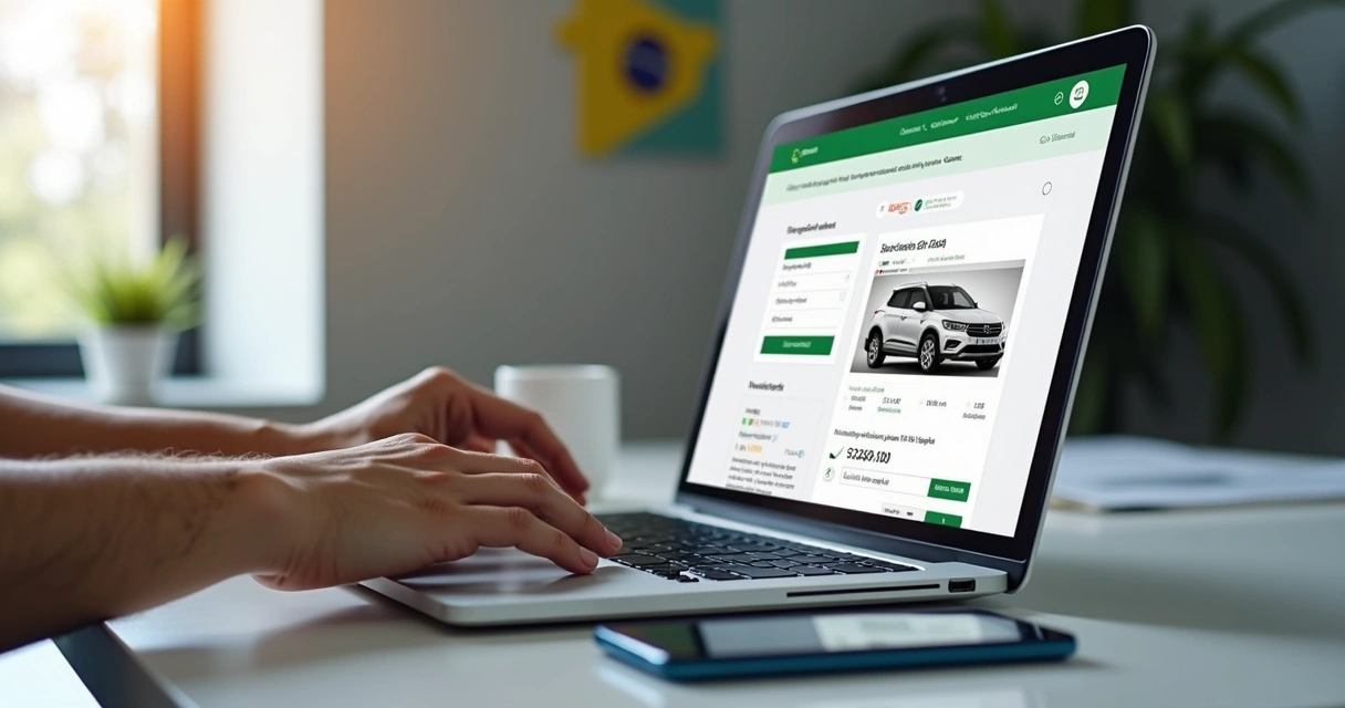 Pessoa participando de leilão de veículos online, visualizando carro disponível para lance em laptop moderno 