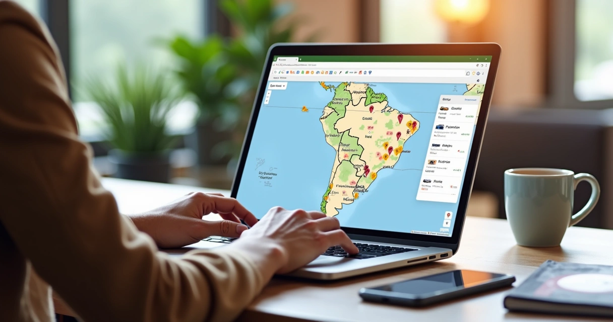 Pessoa utilizando laptop para buscar leilões de veículos no mapa interativo da plataforma Mapa do Leilão 