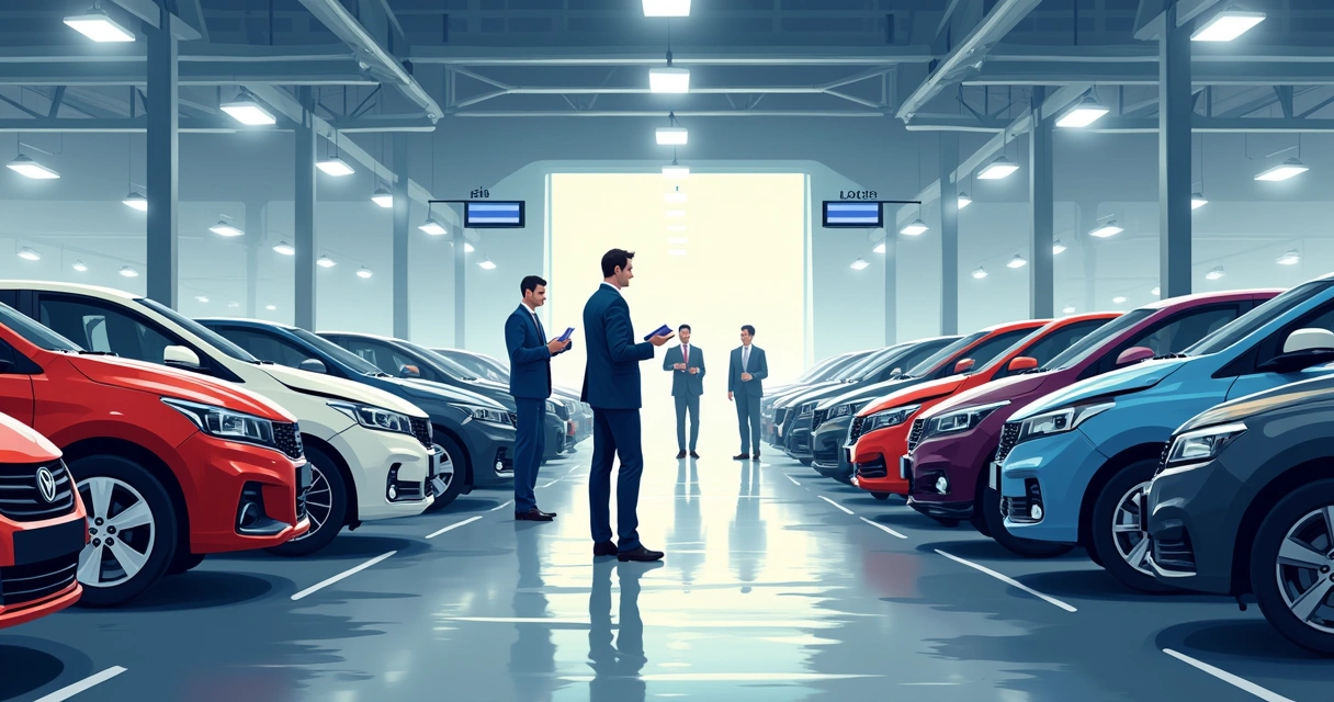Ambiente de leilão com carros sinistrados alinhados e compradores analisando 