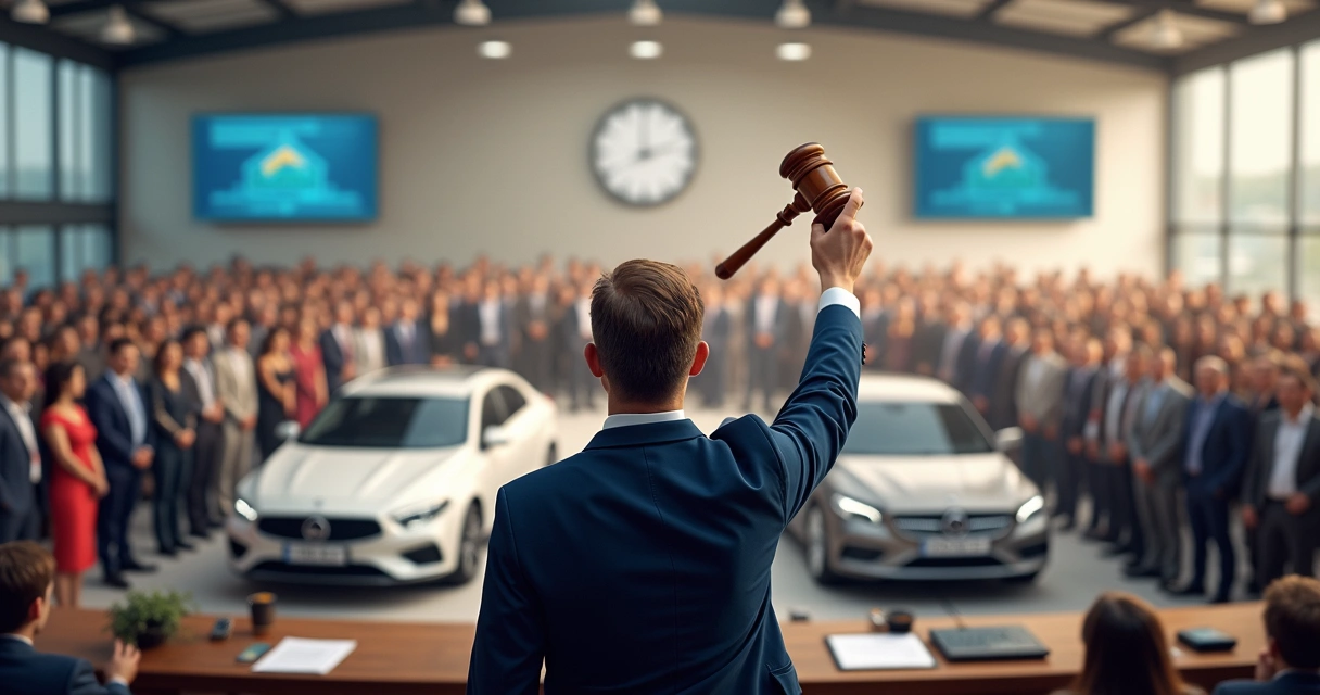 Leiloeiro segurando martelo diante de imóveis e veículos 