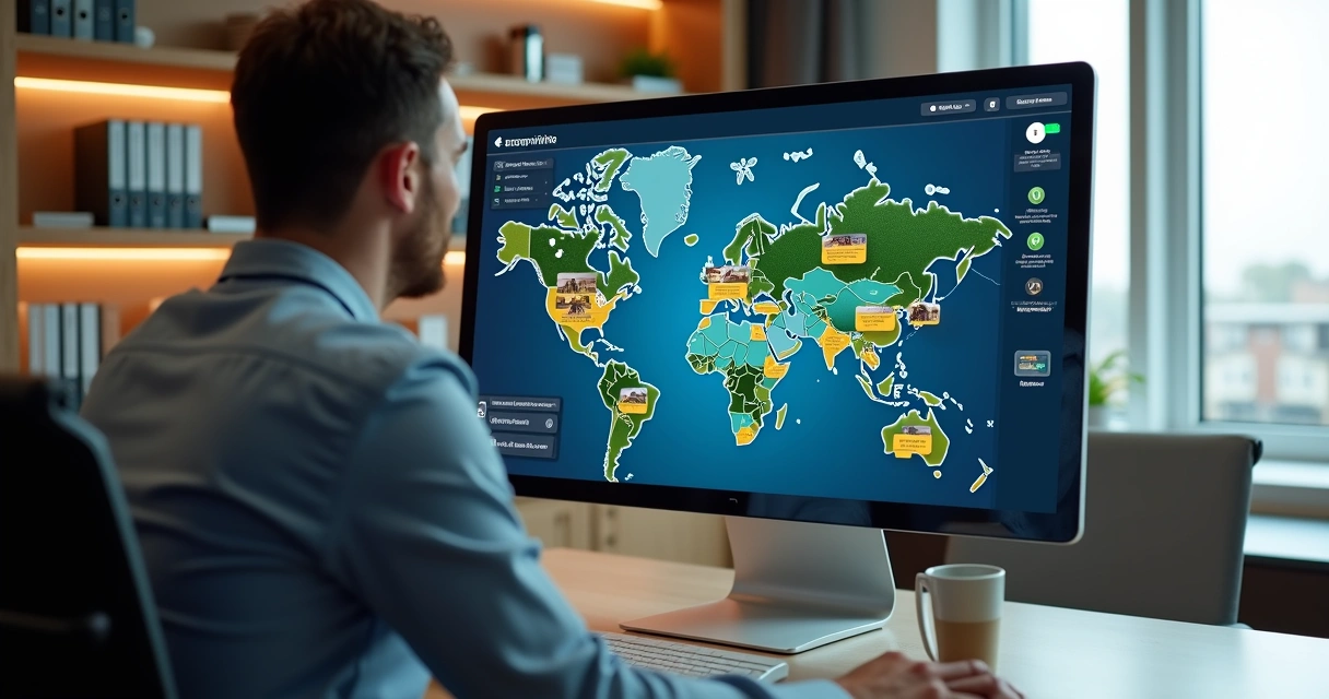 Leiloeiro conduzindo leilão online com computador e visualização de mapa de oportunidades 
