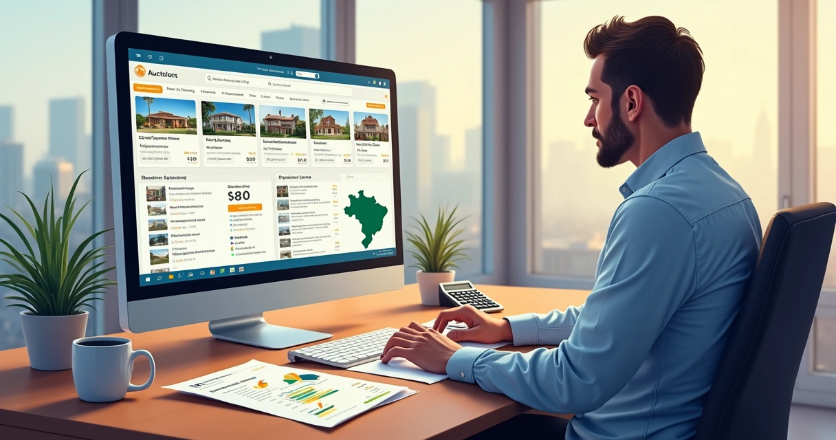Leiloeiro em frente ao computador avaliando imóveis e lances online
