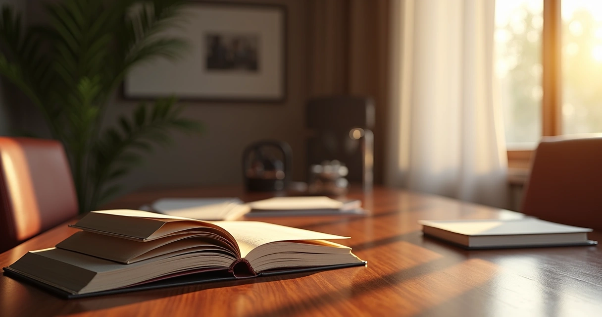 Livros de direito administrativo, martelo e papéis sobre mesa de madeira 