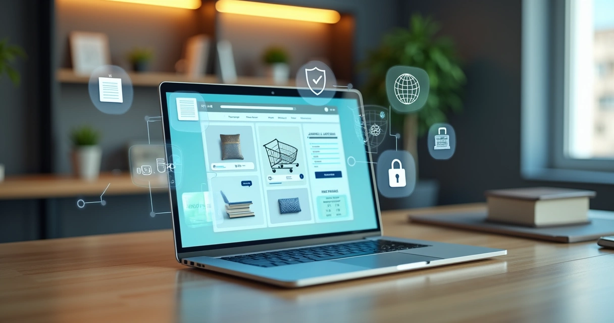 Tela de notebook com loja virtual aberta e ícones de leis e proteção de dados ao redor 