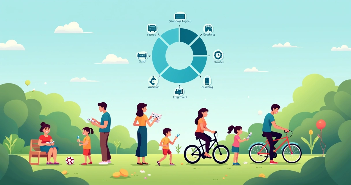 People enjoying leisure activities in a park with life wheel icons 