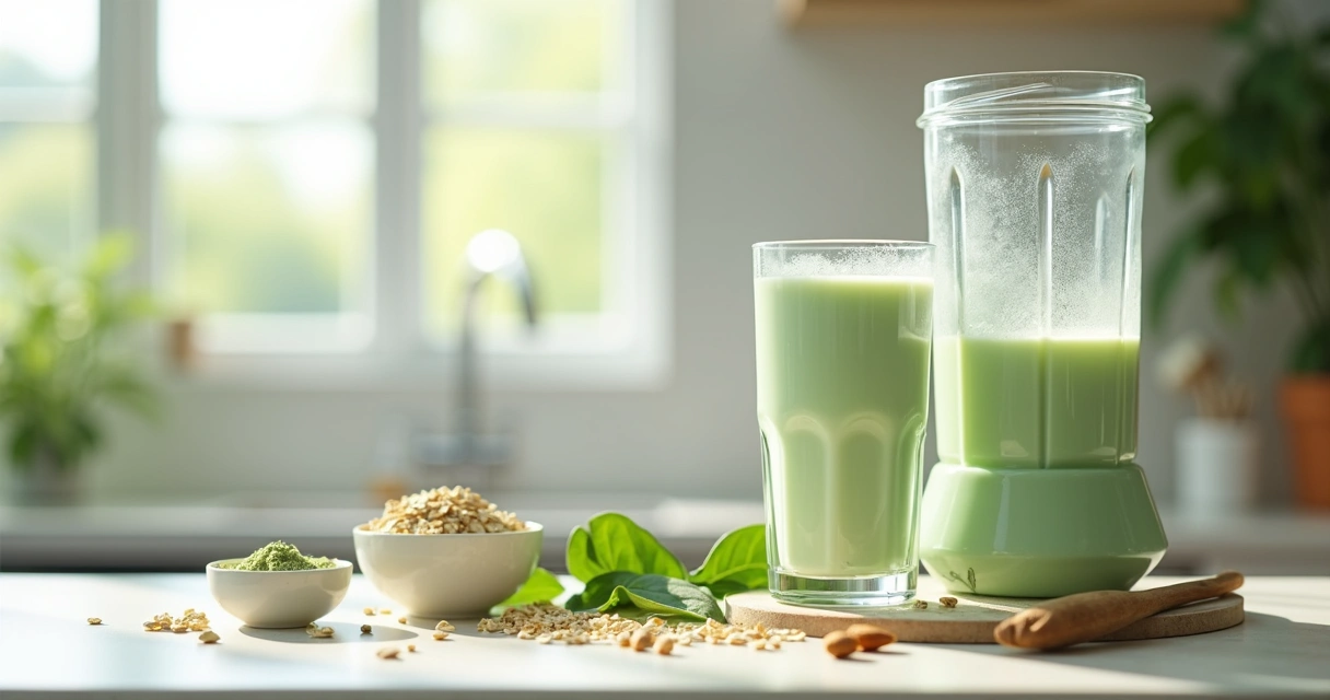 Copo de leite vegetal verde-claro de moringa perto de liquidificador e ingredientes naturais 