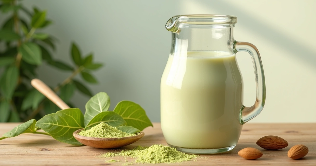 Alimentos sobre uma mesa com leite vegetal em destaque 