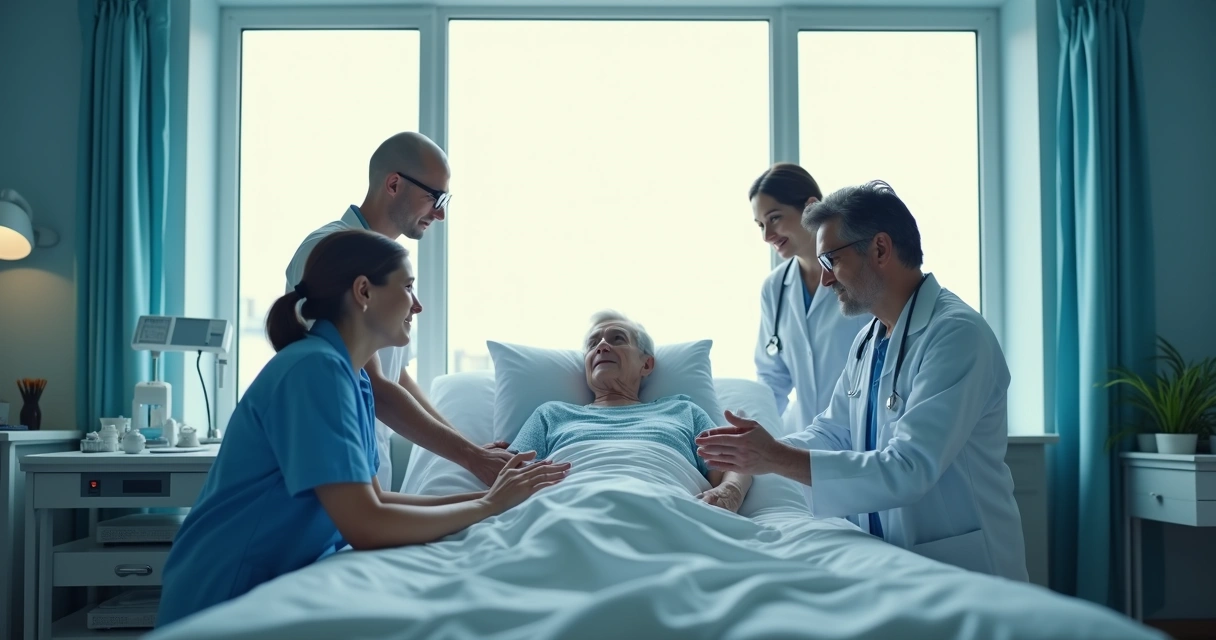 Paciente em leito hospitalar com equipe multidisciplinar ao redor