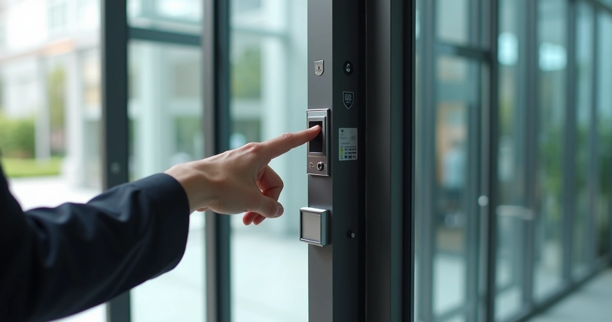 Leitor biométrico instalado em porta automática de enrolar 