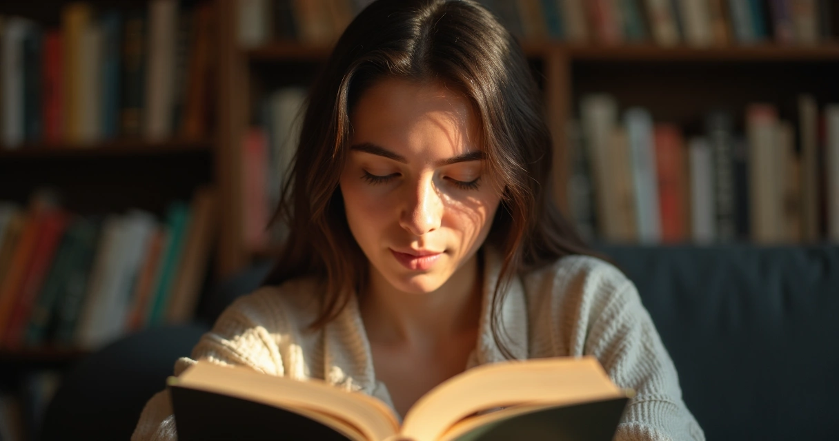 Pessoa lendo livro com expressão de imersão 