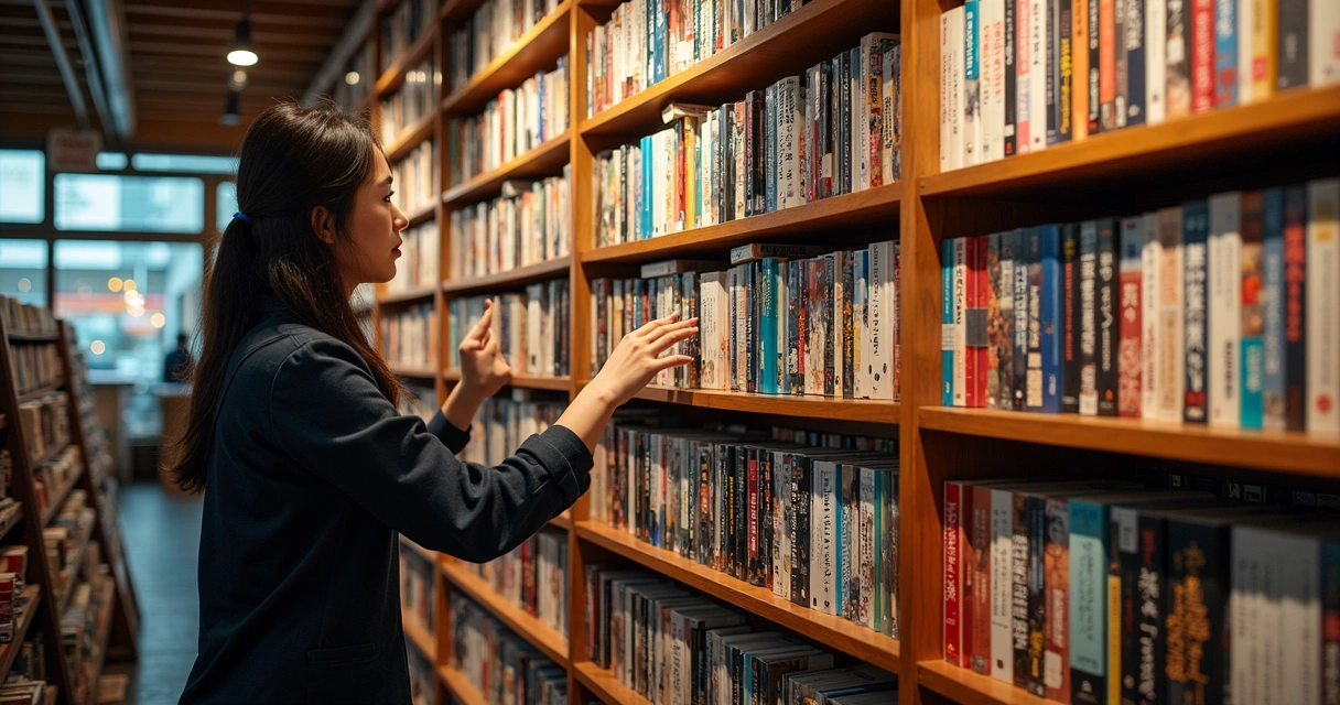 Pessoa escolhendo mangá em estante repleta de volumes 