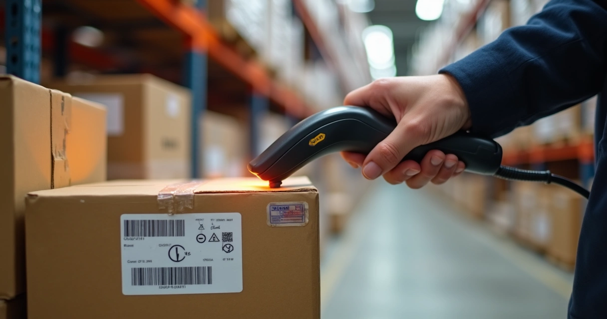 Mão usando leitor RFID em caixa com etiqueta e código de barras 