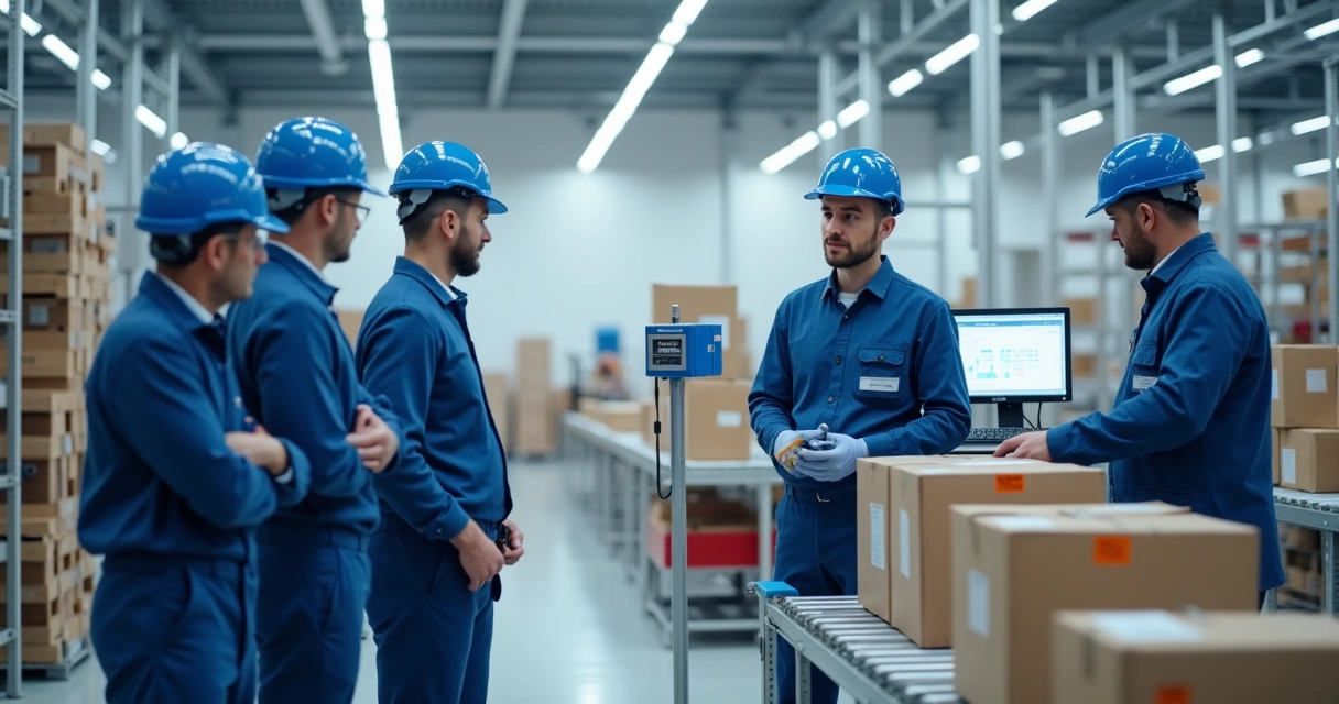 Leitor RFID sendo testado por equipe em indústria