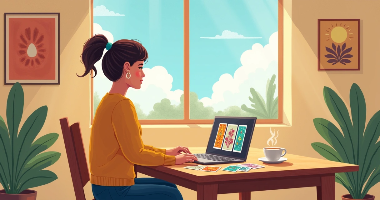 Leitor de tarot online em uma mesa de madeira iluminada com café e cartas coloridas, em ambiente acolhedor.