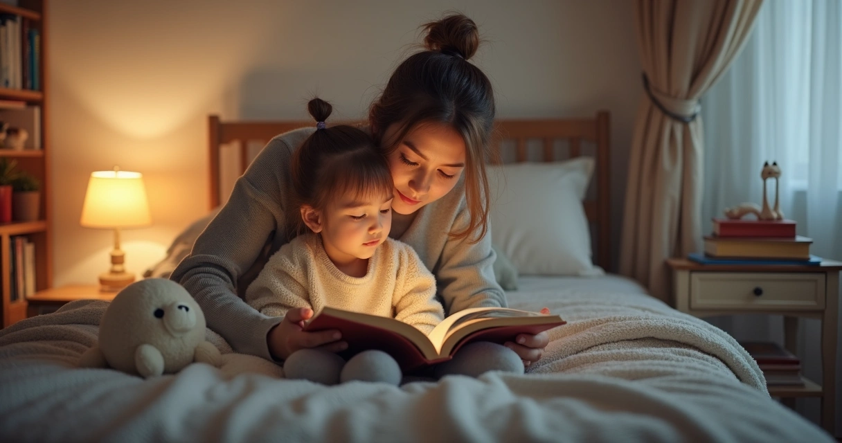 Mãe lendo história para filha pequena em quarto iluminado por luz suave 