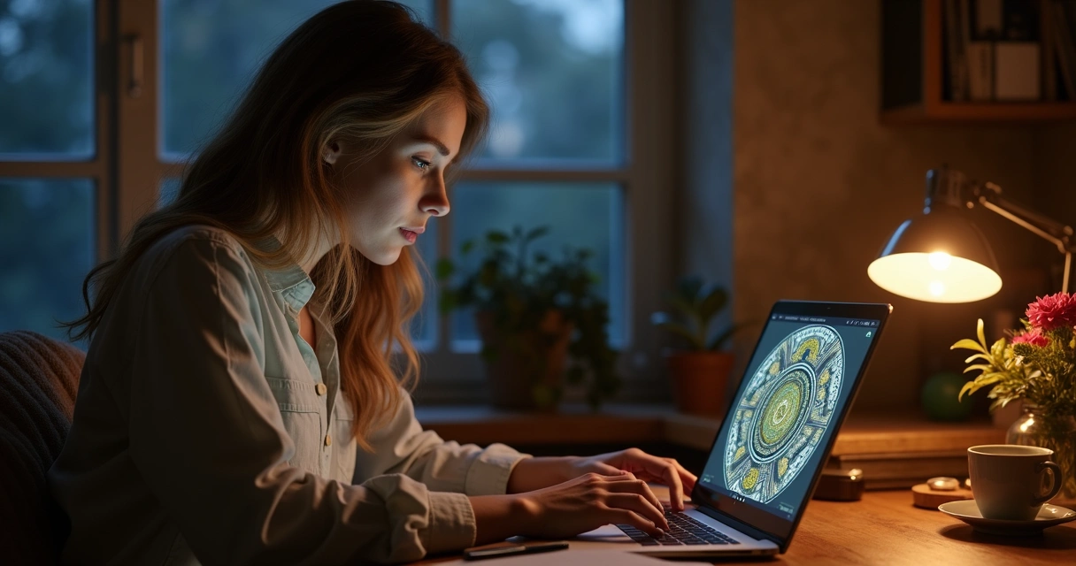 Mulher fazendo consulta de tarot online pelo notebook 