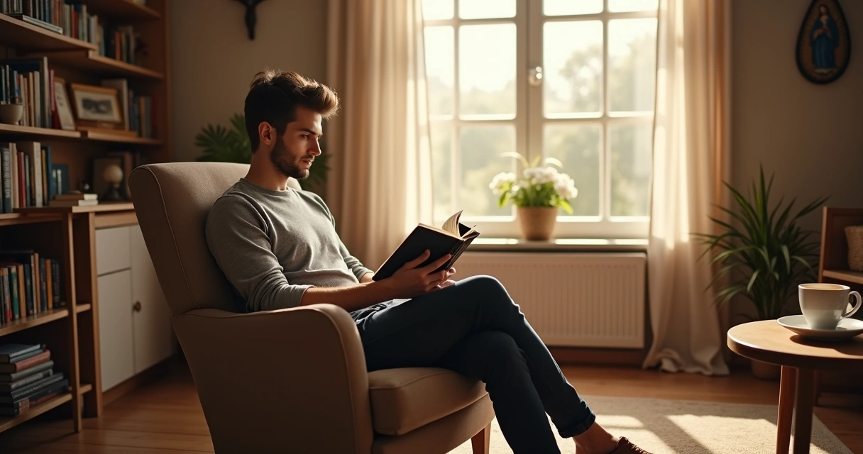 Pessoa lendo a Bíblia sentado em casa 