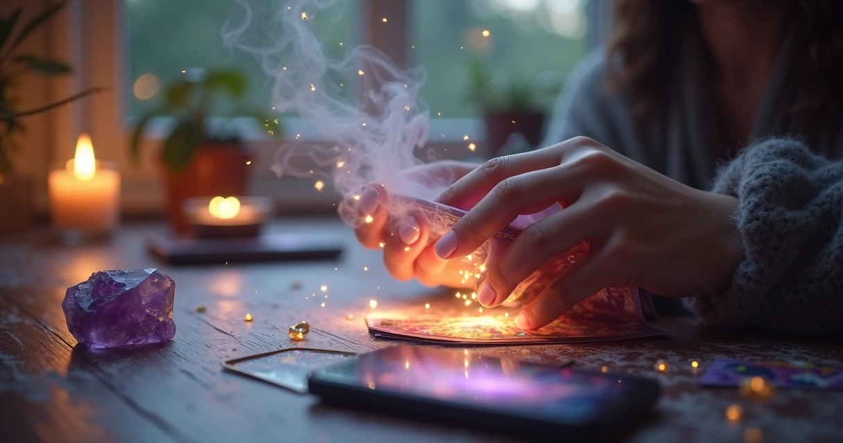 Consulta de baralho cigano com foco no movimento das mãos e nas cartas, efeito de energia sutil pairando no ar 