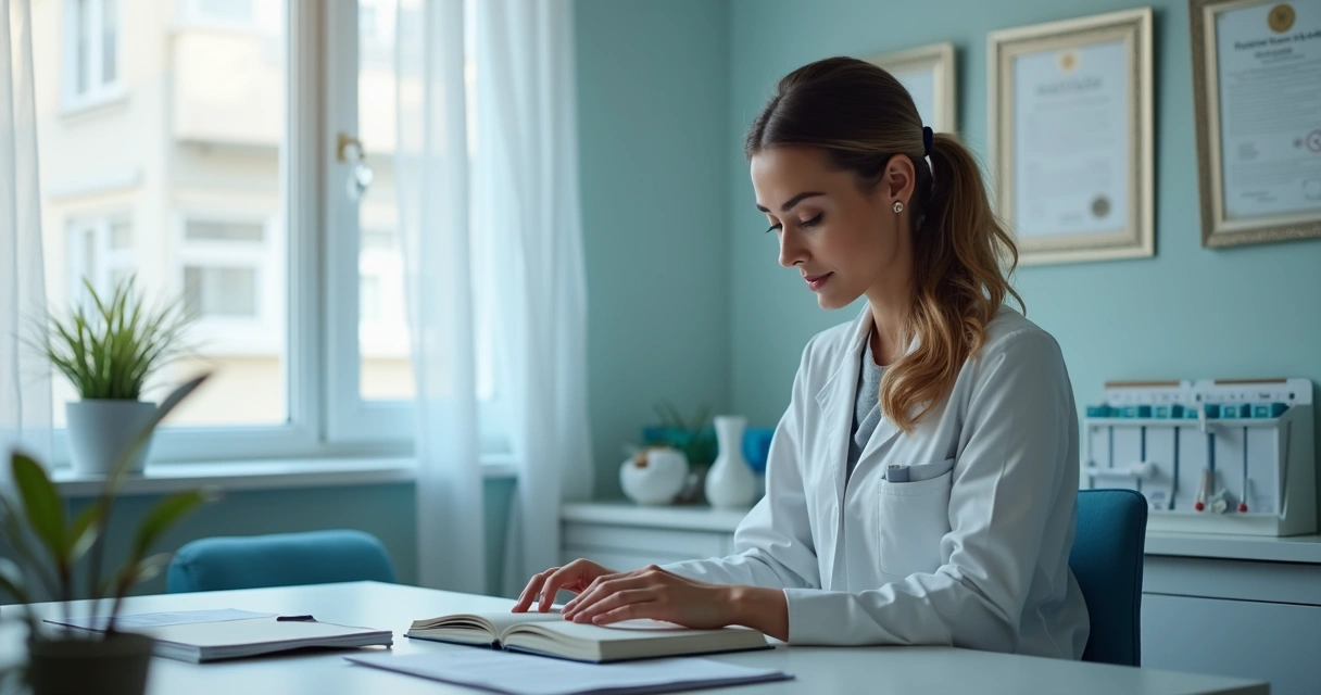 Dona de clínica lendo livro de gestão ao lado de fichas odontológicas